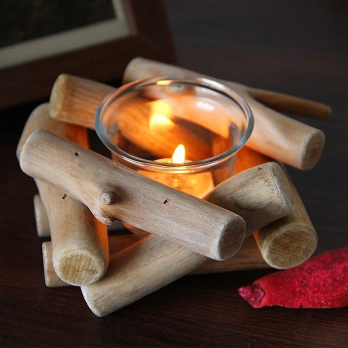 Rustic Wood Driftwood Candle Holder with Glass Hurricane