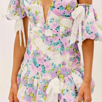 Eclectic Elegance: Lace-Trim Asymmetrical Puff Sleeve Boho Dress- Très Elite- Très Elite