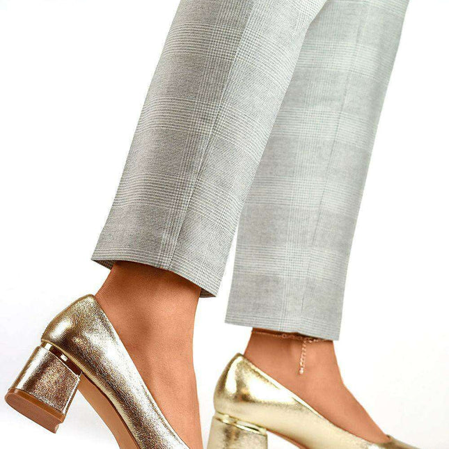 Eco-Chic Gold Leather Block Heel Pumps for Women