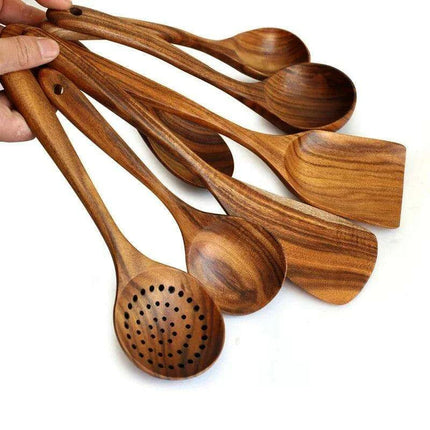 Eco-Conscious 7-Piece Teak Wood Kitchen Utensil Set - Stylish Cooking Essentials - Très Elite