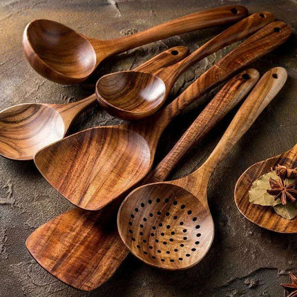 Eco-Conscious 7-Piece Teak Wood Kitchen Utensil Set - Stylish Cooking Essentials - Très Elite