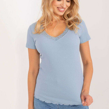 Eco-Conscious Ribbed Cotton Blouse with Chic Lace Trim