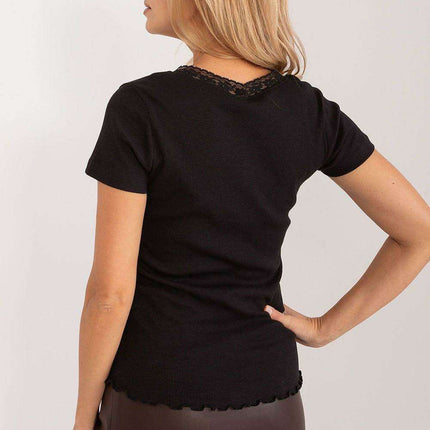 Eco-Conscious Ribbed Cotton Blouse with Chic Lace Trim - Très Elite