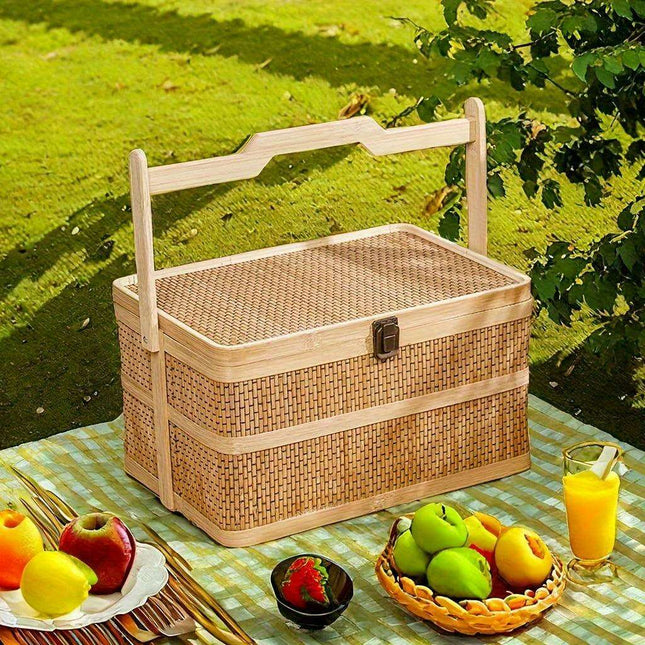 Eco-Friendly Handwoven Bamboo Basket for Picnics and Storage - 12.99" x 7.09" x 5.12"