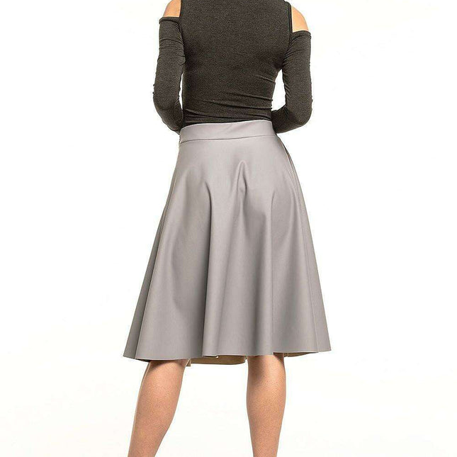 Eco-Leather Flare Midi Skirt with Decorative Side Zip