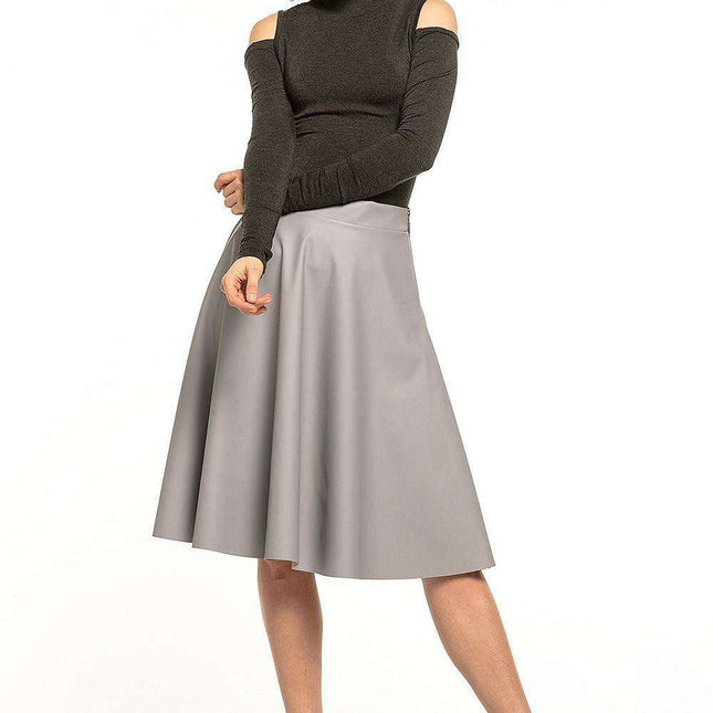 Eco-Leather Flare Midi Skirt with Decorative Side Zip