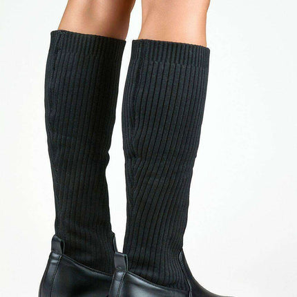 Eco Leather Knee-High Boots with Ribbed Fabric & Flat Heel - Très Elite