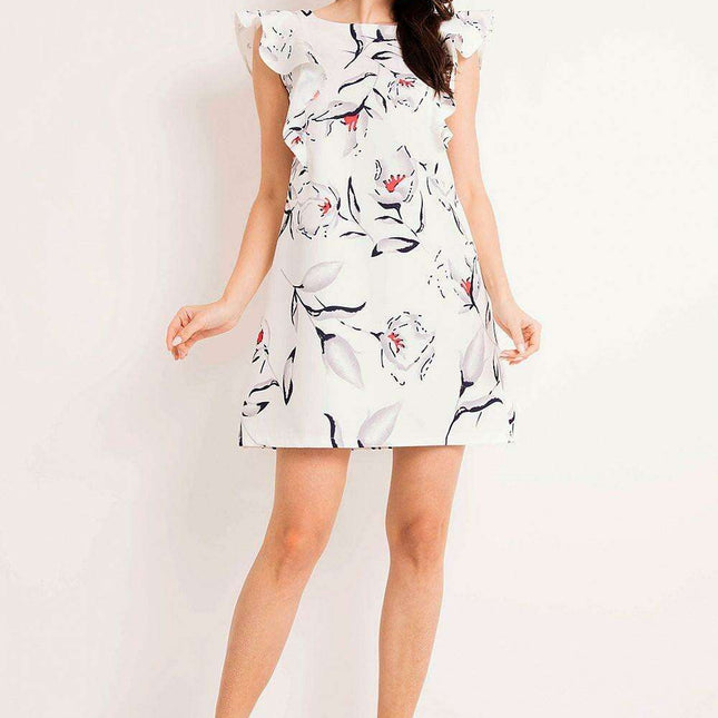 Ecru Floral Elegance Frill Dress