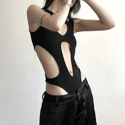 Edgy Backless Techwear Bodysuit - Y2K Grunge Hollowed Slim Fit Top for Women - Très Elite