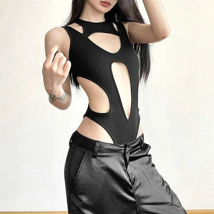 Edgy Backless Techwear Bodysuit - Y2K Grunge Hollowed Slim Fit Top for Women - Très Elite