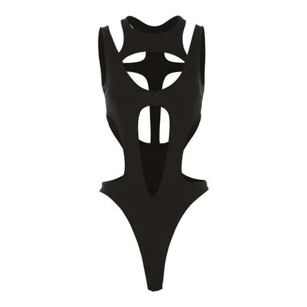 Edgy Backless Techwear Bodysuit - Y2K Grunge Hollowed Slim Fit Top for Women - Très Elite