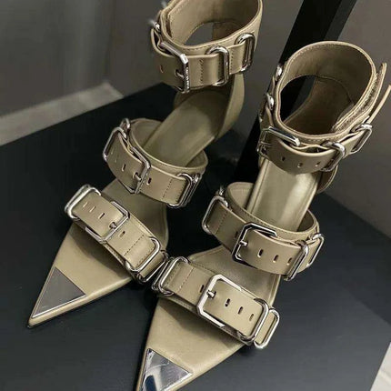 Edgy Chic Roman Open-Toe Heels with Stylish Metal Buckle - Women's Punk Sandals - Très Elite