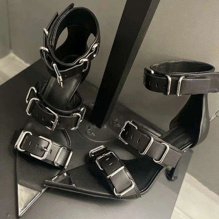 Edgy Chic Roman Open-Toe Heels with Stylish Metal Buckle - Women's Punk Sandals - Très Elite