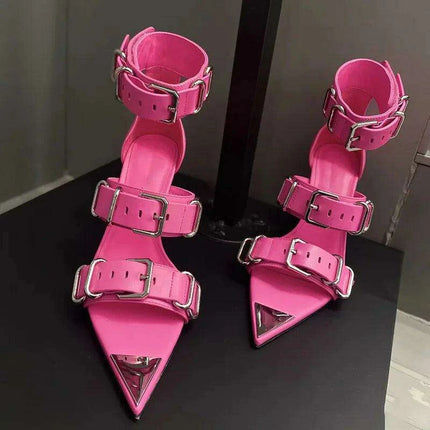 Edgy Chic Roman Open-Toe Heels with Stylish Metal Buckle - Women's Punk Sandals - Très Elite