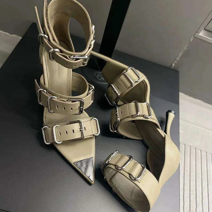 Edgy Chic Roman Open-Toe Heels with Stylish Metal Buckle - Women's Punk Sandals - Très Elite