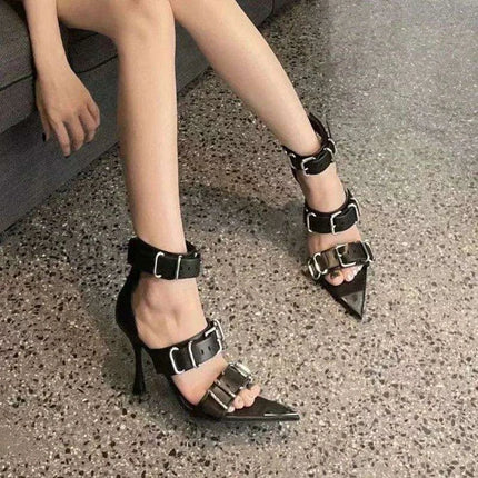 Edgy Chic Roman Open-Toe Heels with Stylish Metal Buckle - Women's Punk Sandals - Très Elite