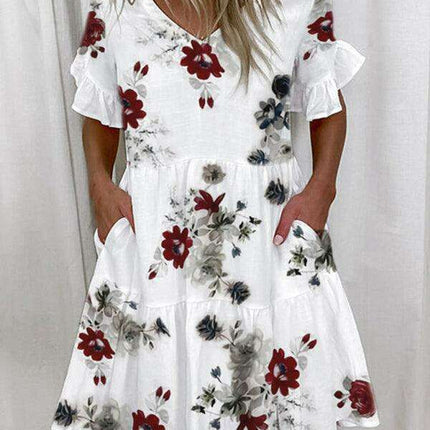 Effortless Chic V-neck Ruffle Pocket Dress for Stylish Comfort