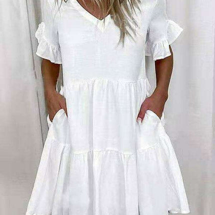Effortless Chic V-neck Ruffle Pocket Dress for Stylish Comfort