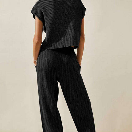 Effortless Elegance: Cozy Black Knit V Neck Sweater and Wide Leg Pants Set - Très Elite
