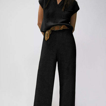 Effortless Elegance: Cozy Black Knit V Neck Sweater and Wide Leg Pants Set - Très Elite