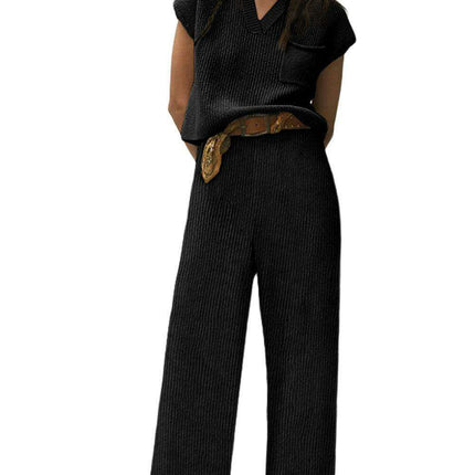 Effortless Elegance: Cozy Black Knit V Neck Sweater and Wide Leg Pants Set - Très Elite