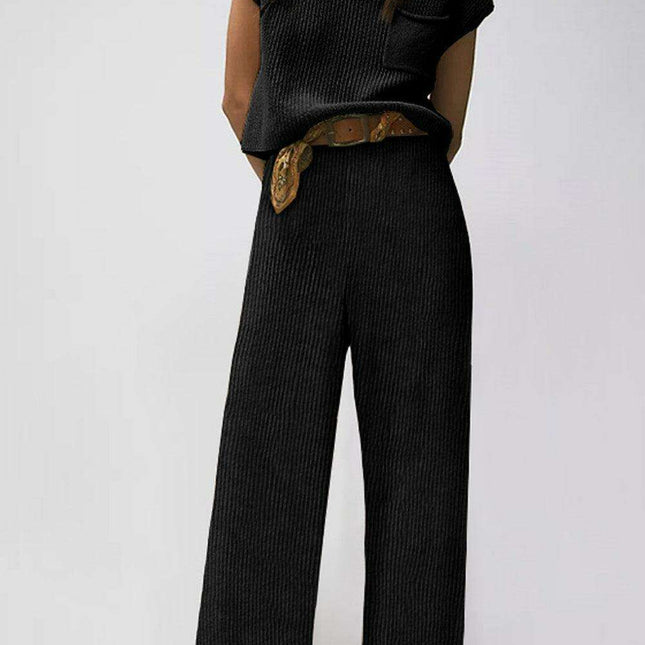 Effortless Elegance: Cozy Black Knit V Neck Sweater and Wide Leg Pants Set