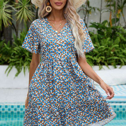 Effortlessly Chic V Neck Relaxed Fit Summer Dress - Trendy Short Sleeve Style - Très Elite