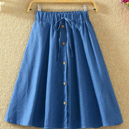 Elastic Waist Button-Down A-Line Denim Skirt