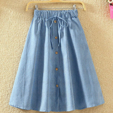 Elastic Waist Button-Down A-Line Denim Skirt