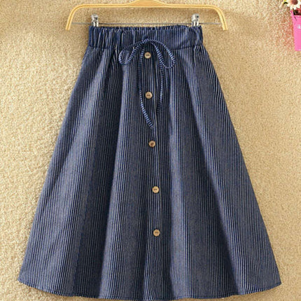 Elastic Waist Button-Down A-Line Denim Skirt