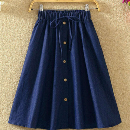 Elastic Waist Button-Down A-Line Denim Skirt