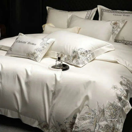 Elegant 1000TC Egyptian Cotton Floral Embroidery Bedding Ensemble with Duvet Cover, Flat Sheet, and Pillow Shams - Très Elite