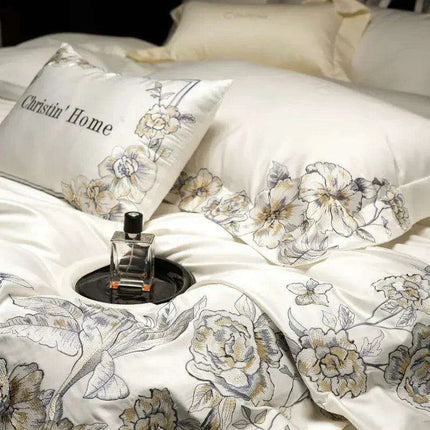 Elegant 1000TC Egyptian Cotton Floral Embroidery Bedding Ensemble with Duvet Cover, Flat Sheet, and Pillow Shams - Très Elite