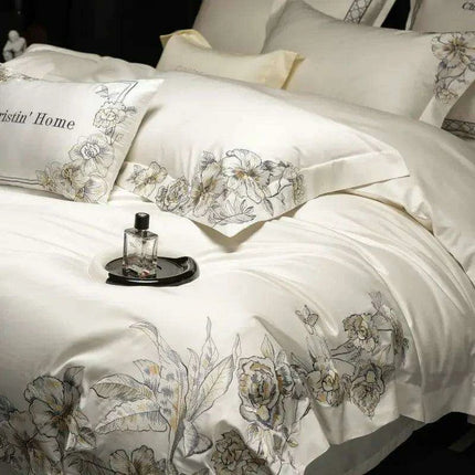 Elegant 1000TC Egyptian Cotton Floral Embroidery Bedding Ensemble with Duvet Cover, Flat Sheet, and Pillow Shams - Très Elite