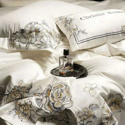 Elegant 1000TC Egyptian Cotton Floral Embroidery Bedding Ensemble with Duvet Cover, Flat Sheet, and Pillow Shams - Très Elite