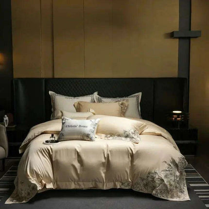 Elegant 1000TC Egyptian Cotton Floral Embroidery Bedding Ensemble with Duvet Cover, Flat Sheet, and Pillow Shams- Très Elite- Très Elite