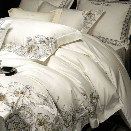 Elegant 1000TC Egyptian Cotton Floral Embroidery Bedding Ensemble with Duvet Cover, Flat Sheet, and Pillow Shams - Très Elite