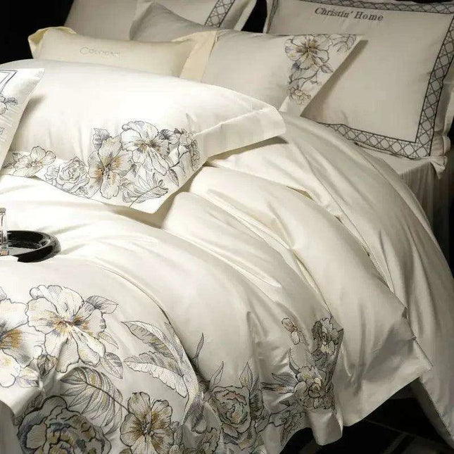 Elegant 1000TC Egyptian Cotton Floral Embroidery Bedding Ensemble with Duvet Cover, Flat Sheet, and Pillow Shams