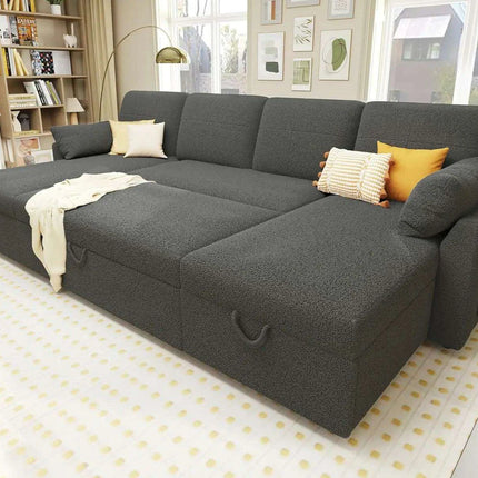 Elegant 110" Grey Linen Sofa Bed with Dual Chaise Storage Solutions..