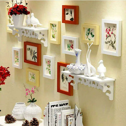 Elegant 13-Piece White Wood Carved Photo Frame Collection with Shelf Accents..