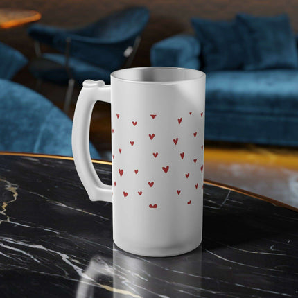 Elegant 16oz Valentine Red Heart Frosted Glass Beer Mug - For the Sophisticated Enthusiast - Très Elite