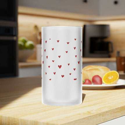 Elegant 16oz Valentine Red Heart Frosted Glass Beer Mug - For the Sophisticated Enthusiast - Très Elite