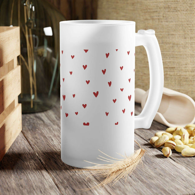 Elegant 16oz Valentine Red Heart Frosted Glass Beer Mug - For the Sophisticated Enthusiast