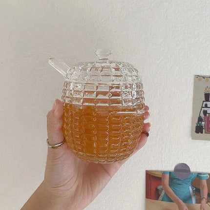 Elegant 265ml Glass Honey Jar with Mixing Spoon - Ideal for Honey, Juice, and Jam Serving - Très Elite