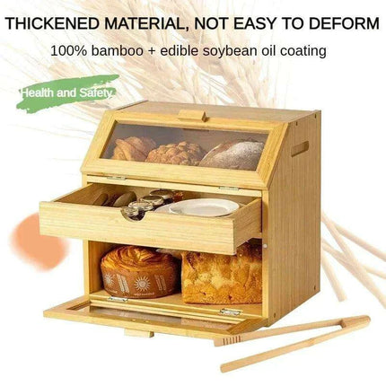 Elegant 3-Tier Bamboo Bread Storage Box with Clear Viewing Window - Chic Organizer for Fresh Baked Goods- Très Elite- Très Elite