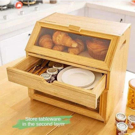 Elegant 3-Tier Bamboo Bread Storage Box with Clear Viewing Window - Chic Organizer for Fresh Baked Goods- Très Elite- Très Elite