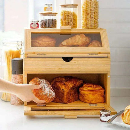 Elegant 3-Tier Bamboo Bread Storage Box with Clear Viewing Window - Chic Organizer for Fresh Baked Goods- Très Elite- Très Elite