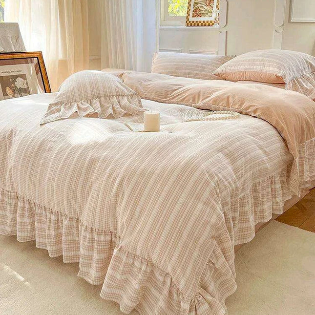 Elegant 4-Piece French Vintage Plaid Cotton Bedding Set with Ruffled Duvet Cover and Bed Skirt