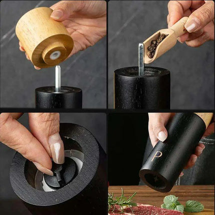 Elegant 7-Inch Salt and Pepper Mill Set with Chic Wooden Holder for Gourmet Dining - Très Elite