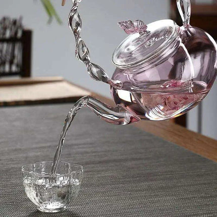 Elegant 700ML Pink Butterfly Glass Teapot for Electric Stoves..